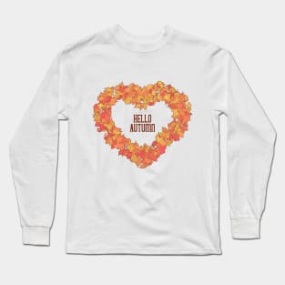 Hand Drawn Hello Autumn Heart Leaves Long Sleeve T-Shirt